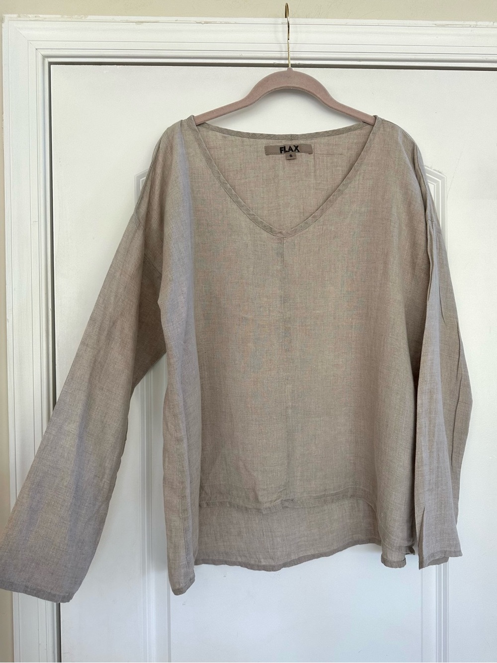 FLAX 100% Linen Tunic Top Long Sleeve V Neck Gray Beige Hi Lo Small Medium